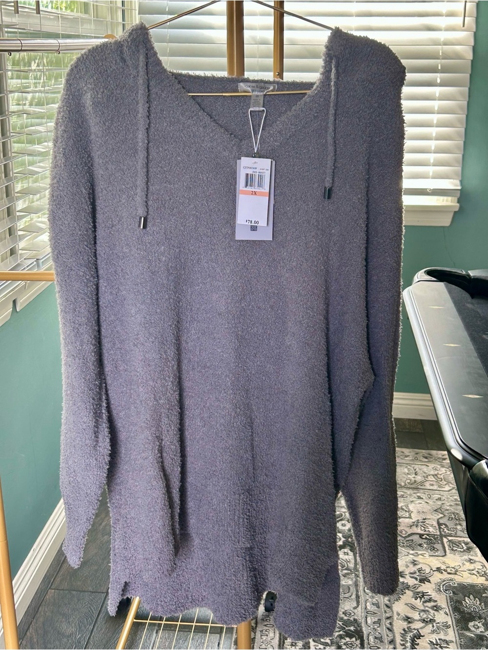 2X Cable & Gauge women’s v-neck Hooded cozy sweater - Gray NWT $79 retail